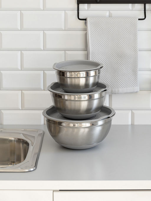 Миска для смешивания продуктов с крышкой 1,4л серый нержавеющая сталь, силикон, ПП