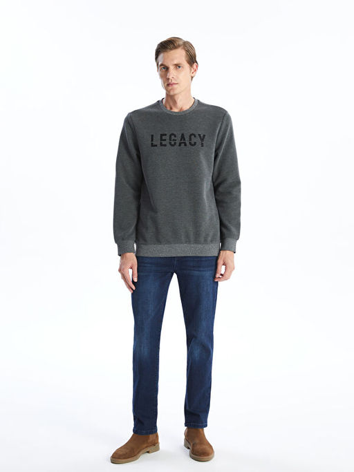 Bisiklet Yaka Uzun Kollu Bask?l? Erkek Sweatshirt