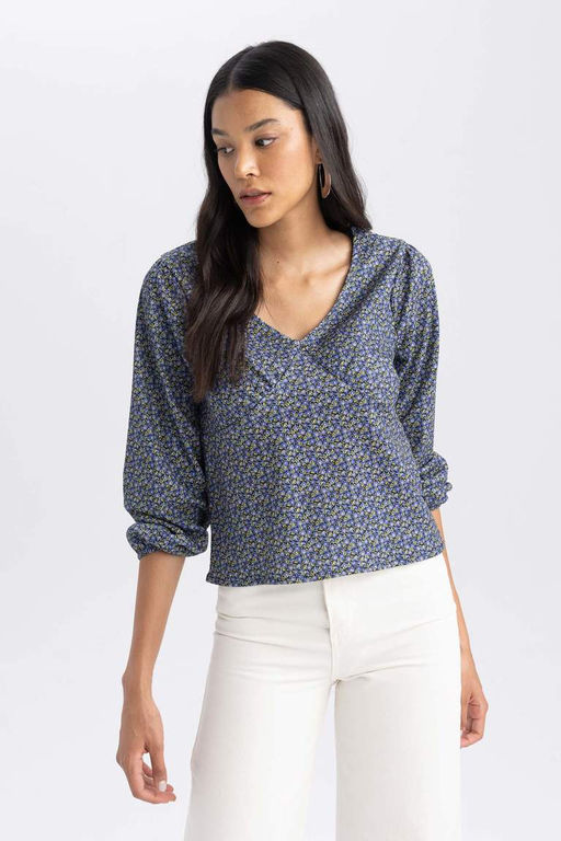 Приталенная блузка с длинными рукавами и V-образным вырезом - Defacto фото 3