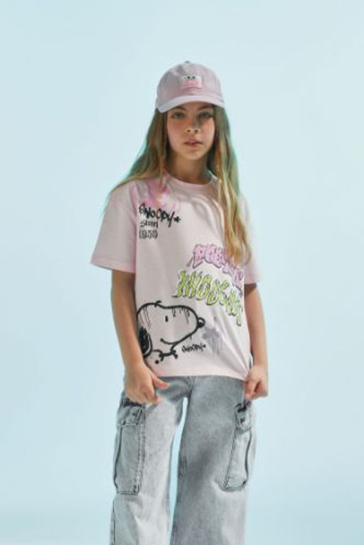 K?z Cocuk Snoopy Oversize Genis Kal?p Bisiklet Yaka K?sa Kollu Tisort