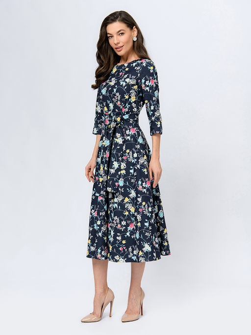 Платье темно-синего цвета длины миди с цветочным принтом - 1001dress фото 2