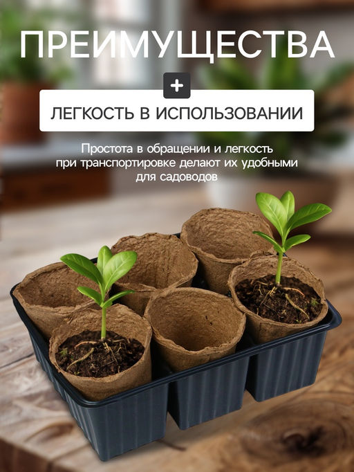 Цена за 6 шт. Набор для рассады: торфяной горшок 6×6 см, кассета на 6 ячеек, 17.5×13.5 см, Greengo  фото 4