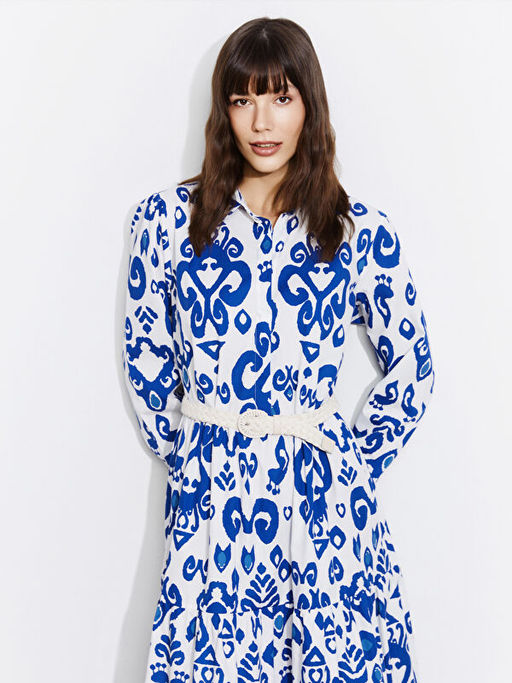 G?mlek Yaka Desenli Poplin Elbise