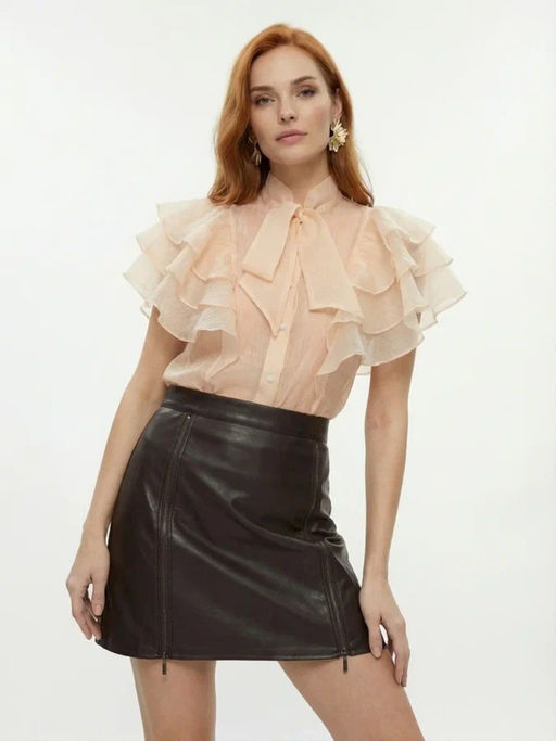 Юбка короткая из эко-кожи с молниями OD-1004-1, коричневый