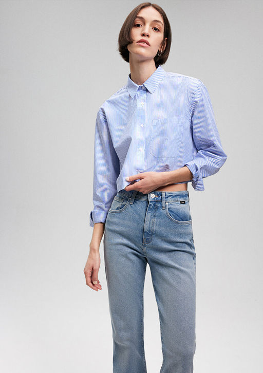 Cizgili Mavi Crop Poplin Gomlek