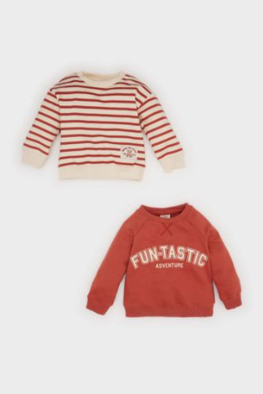 Erkek Bebek Bisiklet Yaka Bask?l? Ici Yumusak Tuylu 2li Sweatshirt