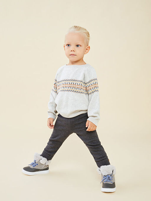 Bisiklet Yaka Uzun Kollu Desenli Erkek Bebek Triko Kazak ve Pantolon 2li Tak?m