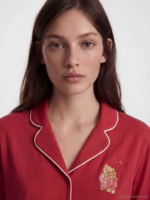 G?mlek Yaka Ay? Teddy Bask?l? Kad?n Pijama Tak?m