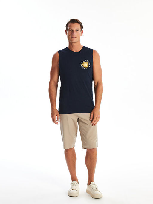 Bisiklet Yaka Bask?l? Erkek Kolsuz Ti??rt