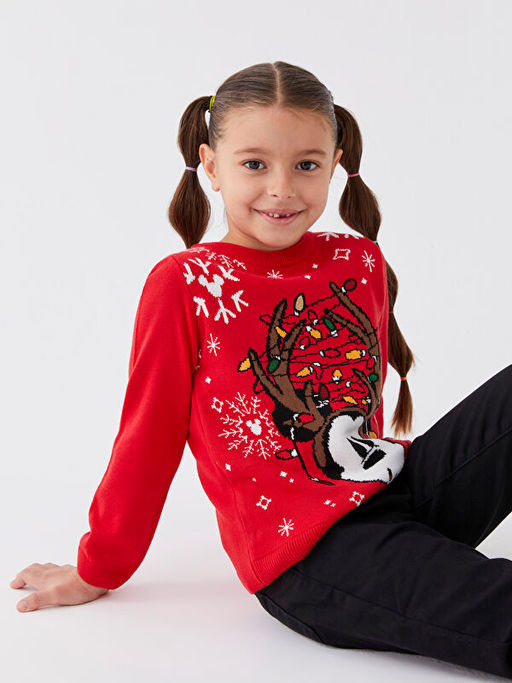 Bisiklet Yaka Mickey Mouse Desenli Y?lba?? Temal? Uzun Kollu K?z ?ocuk Triko Kazak