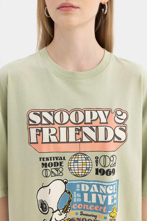 Мини-платье-футболка Cool Snoopy из чесаного хлопка с короткими рукавами - Defacto фото 3
