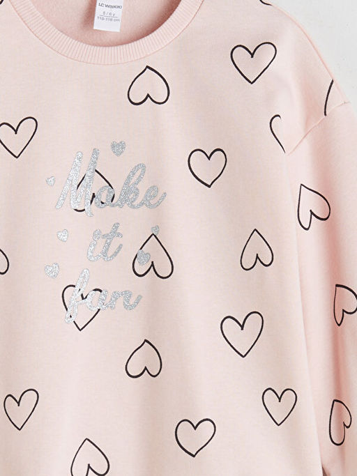 Bisiklet Yaka Kalp Bask?l? K?z ?ocuk Sweatshirt