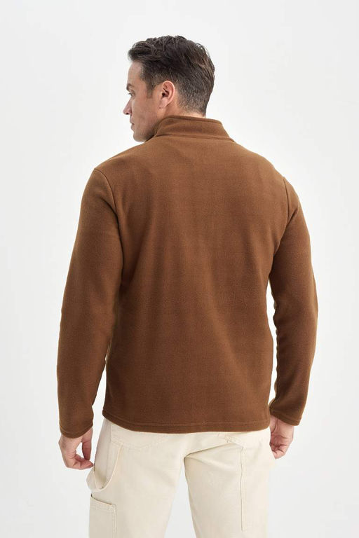 Коричневый флисовый свитшот стандартного кроя с воротником-стойкой и защитой от холода, с защитой от катышков и молнией - Defacto фото 5