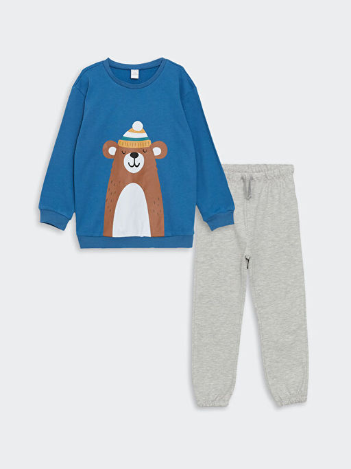 Bisiklet Yaka Bask?l? Erkek Bebek Sweatshirt ve E?ofman Alt 2li Tak?m