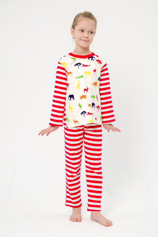 Пижама детская из джемпера и брюк без манжет из интерлока Сафари красный полоса - Амадэль фото 28