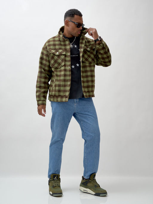 Куртка рубашка шерстяная в клетку мужская демисезонная зеленого цвета 58566Z