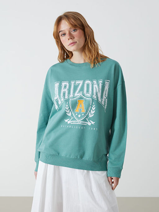 Bisiklet Yaka Bask?l? Kad?n Sweatshirt