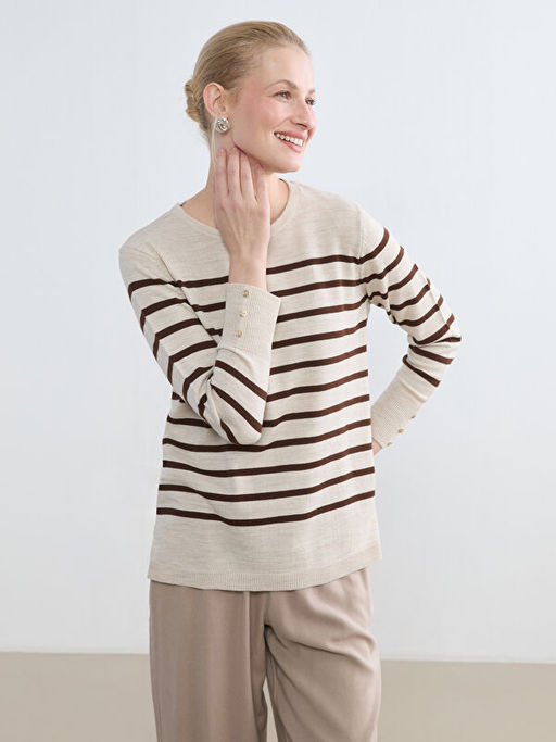 Bisiklet Yaka ?izgili Kad?n Triko Kazak