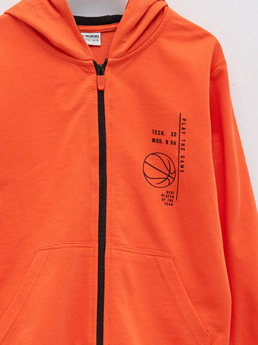 Kap??onlu Bask?l? Uzun Kollu Erkek ?ocuk Fermuarl? Sweatshirt