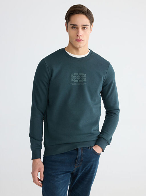 Bisiklet Yaka Bask?l? Erkek Kal?n Sweatshirt