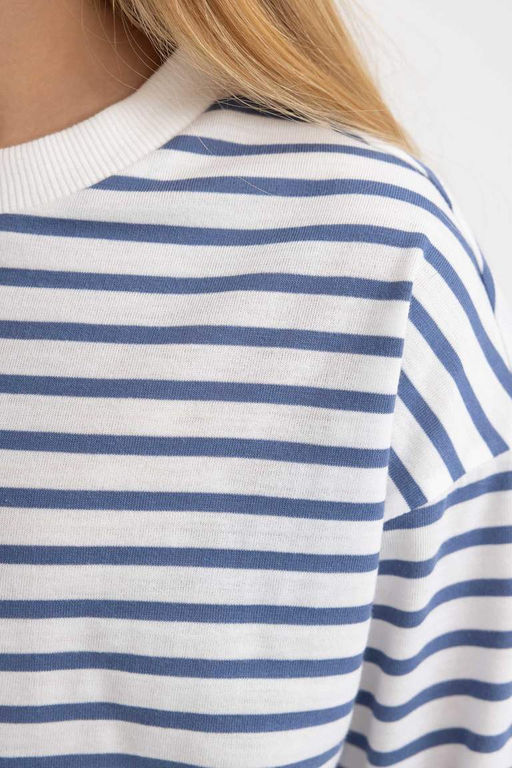 Полосатая футболка с длинными рукавами из чесаного хлопка с круглым вырезом для девочек - Defacto фото 4