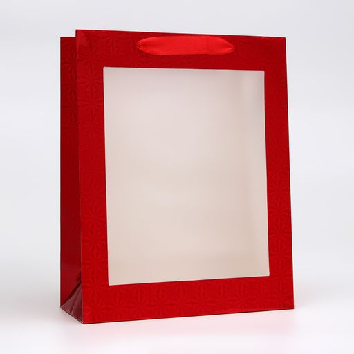 Цена за 12 шт. Пакет подарочный, фольгированный, упаковка, с окном, Красный, M 32?25.5?11 см