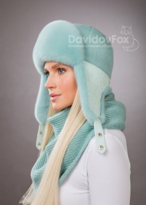 Комплект ушанка норка трикотаж мята, косынка