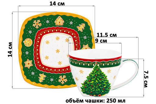 Чайн. пара 2 пр. 250 мл 11,5*9*7,5 см Новогодняя елка зеленый узор NEW BONE CHINA - Elan gallery фото 2
