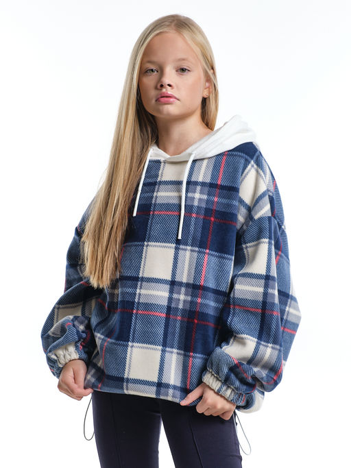 Худи оверсайз в клетку подростковое с капюшоном на меху 22-8046 синяя клетка - Mini maxi фото 13