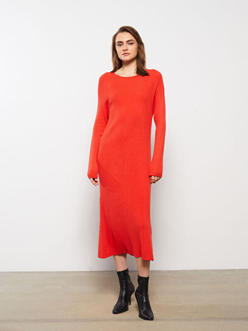 Bisiklet Yaka D?z Uzun Kollu Triko Elbise