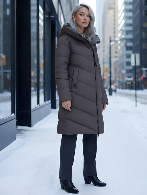 Пальто зимнее утепленное с капюшоном женское темно-коричневого цвета 1318TK