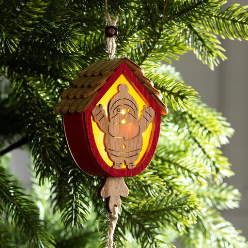 Ёлочная игрушка Домик с Дедом Морозом, 9х8х4 см, от батареек, свечение тёплое белое