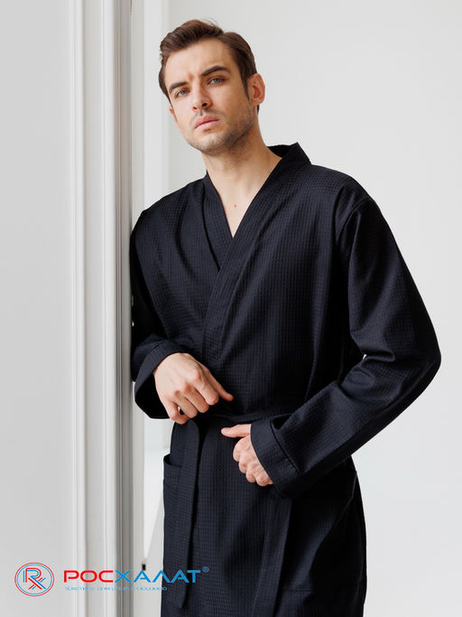 Мужской вафельный халат с планкой черный В-03 (27)