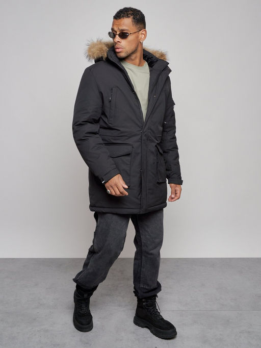 Парка мужская зимняя удлиненная с мехом черного цвета 8318Ch - Wonderrman фото 10
