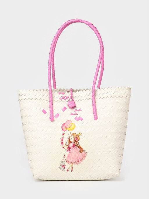 Сумка плетёная на застёжке «Девочка с букетом», 40×10×55 см, пластик, бело-розовая