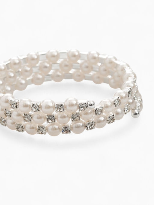 Браслет-пружинка «Жемчуг. Стразы», d=6 см, шар № 6, белый в серебре