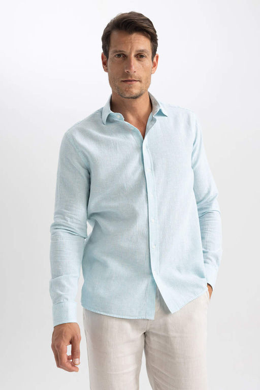 Рубашка с длинными рукавами и воротником-поло Modern Fit из смесового льна - Defacto фото 3