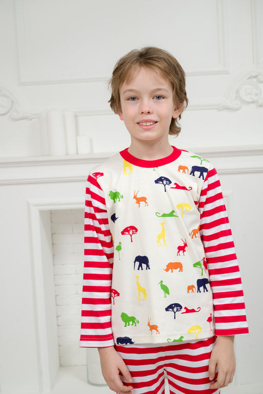Пижама детская из джемпера и брюк без манжет из интерлока Сафари красный полоса - Амадэль фото 3