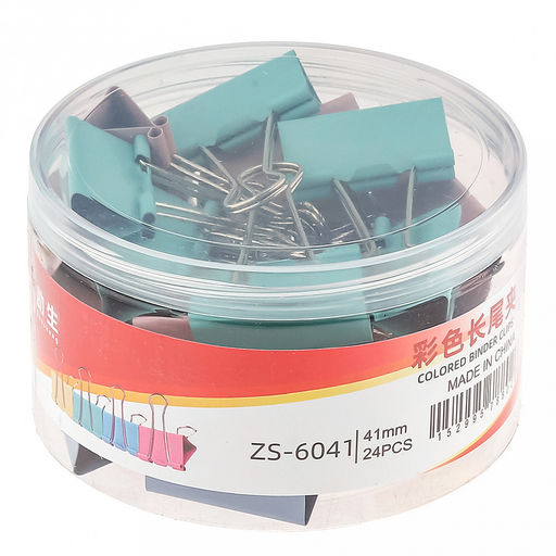 Зажим для бумаги 41мм металл, цвет - цветные, набор 24 штуки, в пластиковой банке д11,6см h7см (Китай)