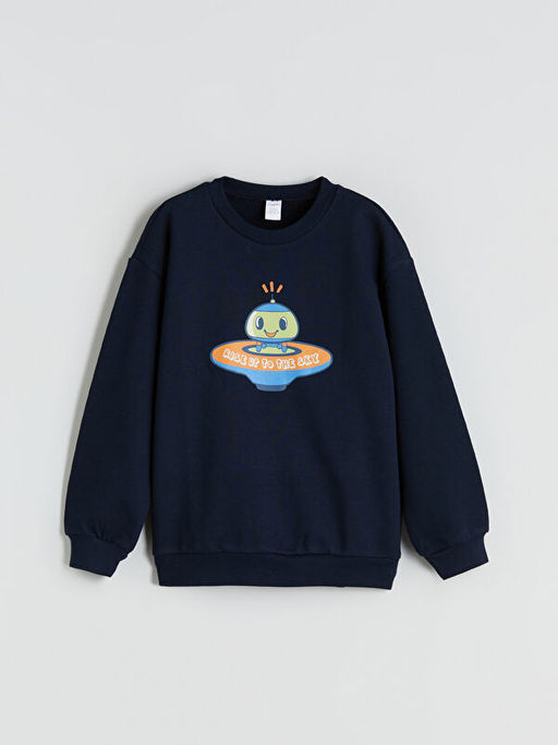 Bisiklet Yaka Bask?l? Erkek ?ocuk Sweatshirt