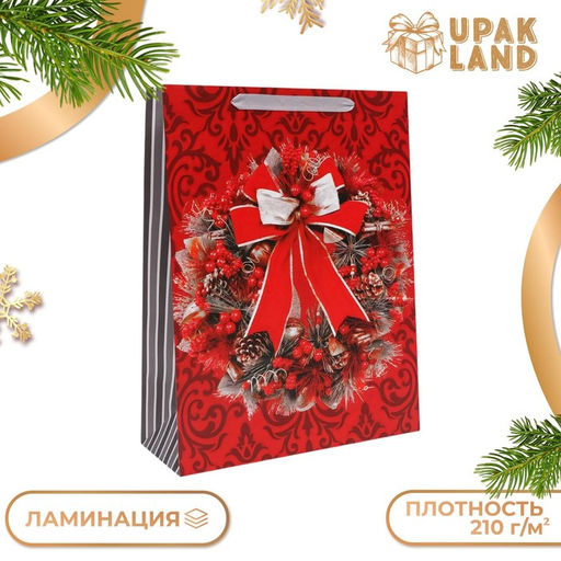 Пакет подарочный новогодний ламинированный Венок, 31?40?11.5 см
