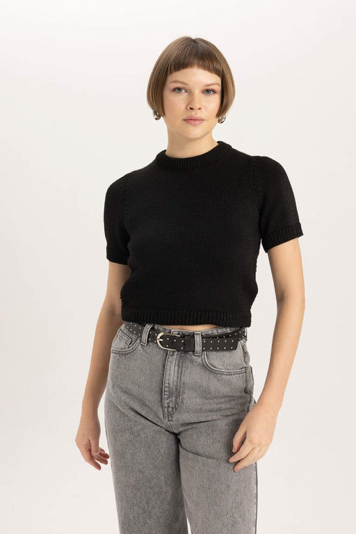 Приталенный свитер с круглым вырезом и короткими рукавами - Defacto фото 4