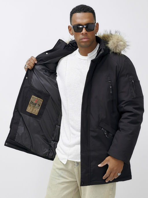 Парка мужская зимняя удлиненная с мехом черного цвета 606_1Ch - Mtforce фото 17