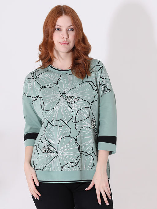Блузка мятная цветы бусины стразы