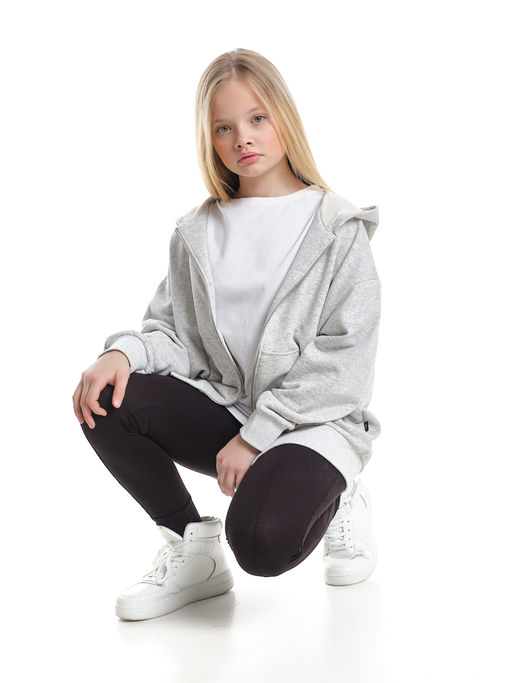 Толстовка зипка оверсайз с капюшоном на молнии 22-8605 серый меланж - Mini maxi фото 2