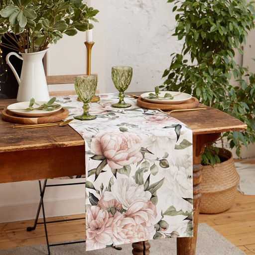 Дорожка на стол Этель «Пионы» 40×145 ±5 см, 100% хлопок, саржа 190 г/м², белая/розовая