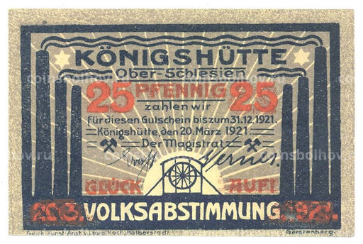 Банкнота 25 пфеннигов 1921 года Германия  Нотгельд (Кёнигсхютте)