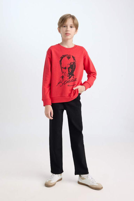 Красный свитшот стандартного кроя с круглым вырезом для мальчиков с принтом Ататюрка - Defacto фото 2
