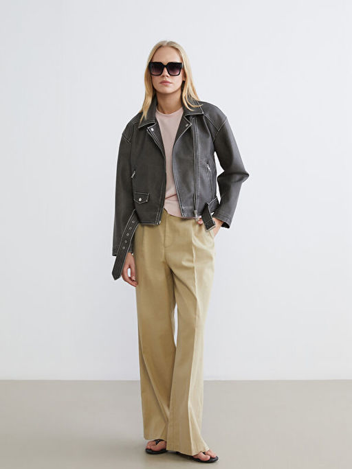 G?mlek Yaka Kad?n Deri G?r?n?ml? Ceket