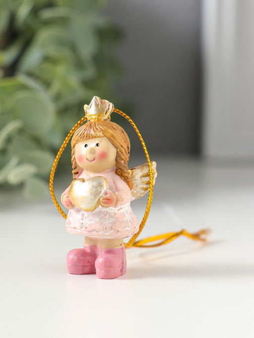 Цена за 2 шт. Фигурка - подвеска полистоун «Малышка-ангел в розовом платье, с сердцем в руках», ёлочная игрушка, 3×2.5×5.5 см